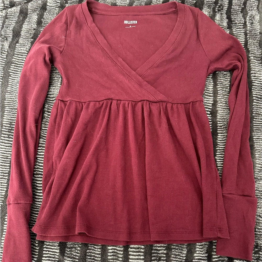 Hollister Women's Maroon Long Sleeve Babydoll Top